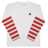 Front view of Cherry Location white layered tee shirt on plain background
