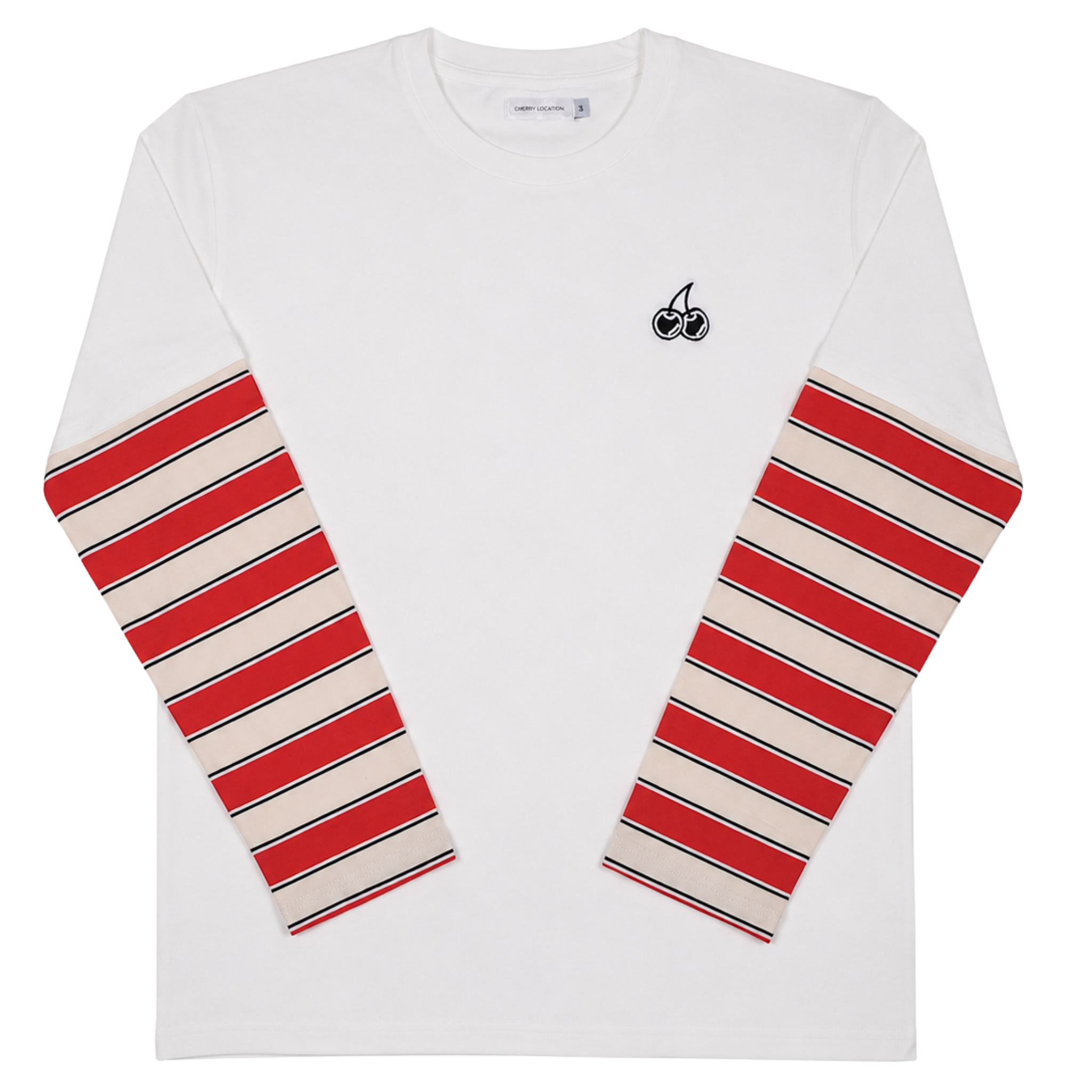 Front view of Cherry Location white layered tee shirt on plain background