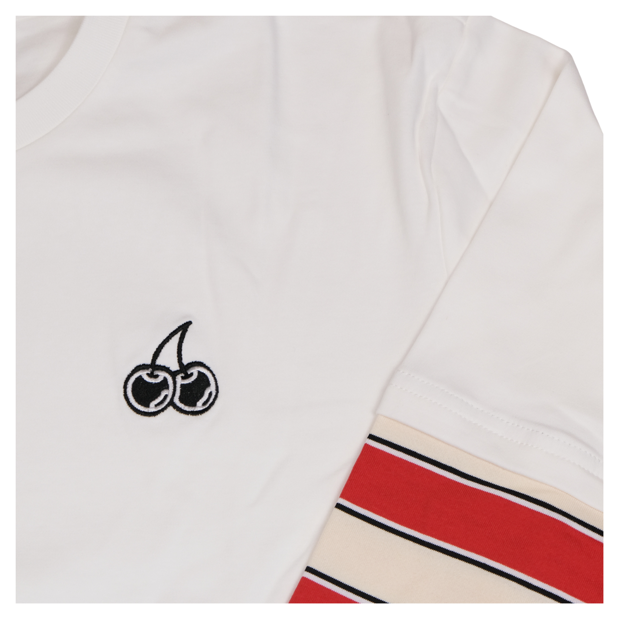 White layered tee with cherry location graphic design