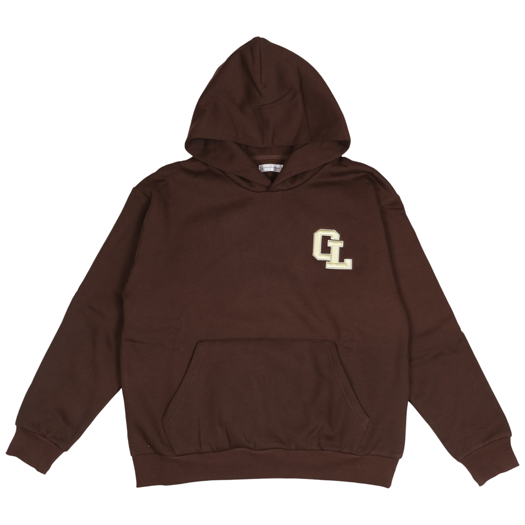 Cherry Location brown hoodie front view on white background