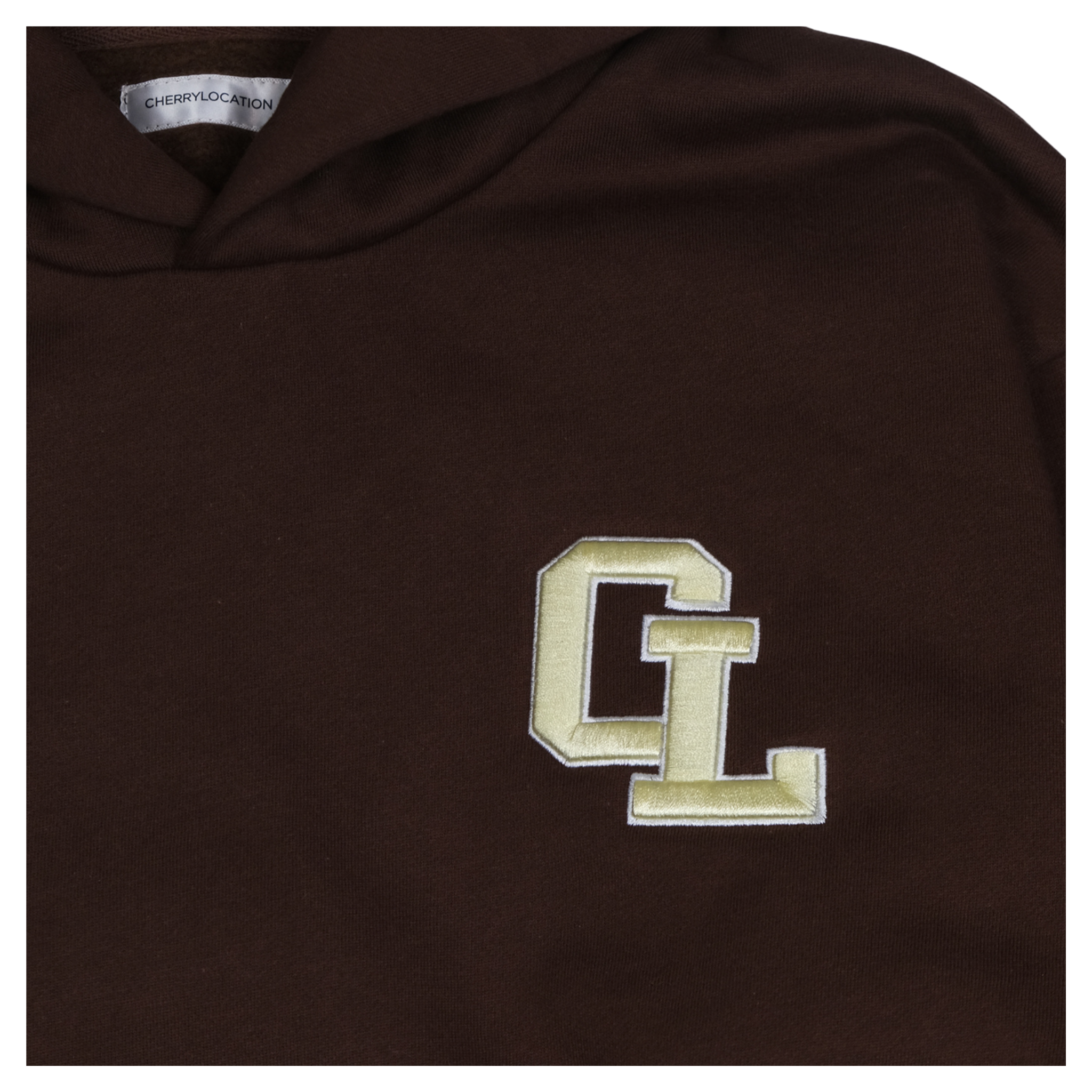 Brown Cherry Location hoodie front view on plain background