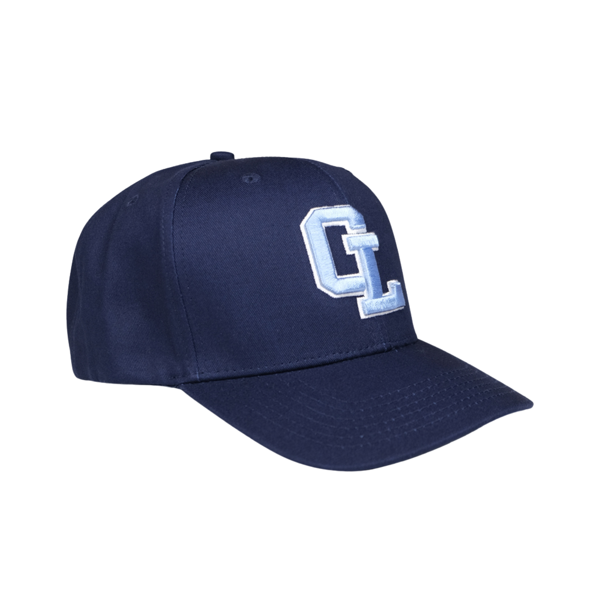 Cherry Location CL Navy Cap front view with embroidered logo on navy blue fabric