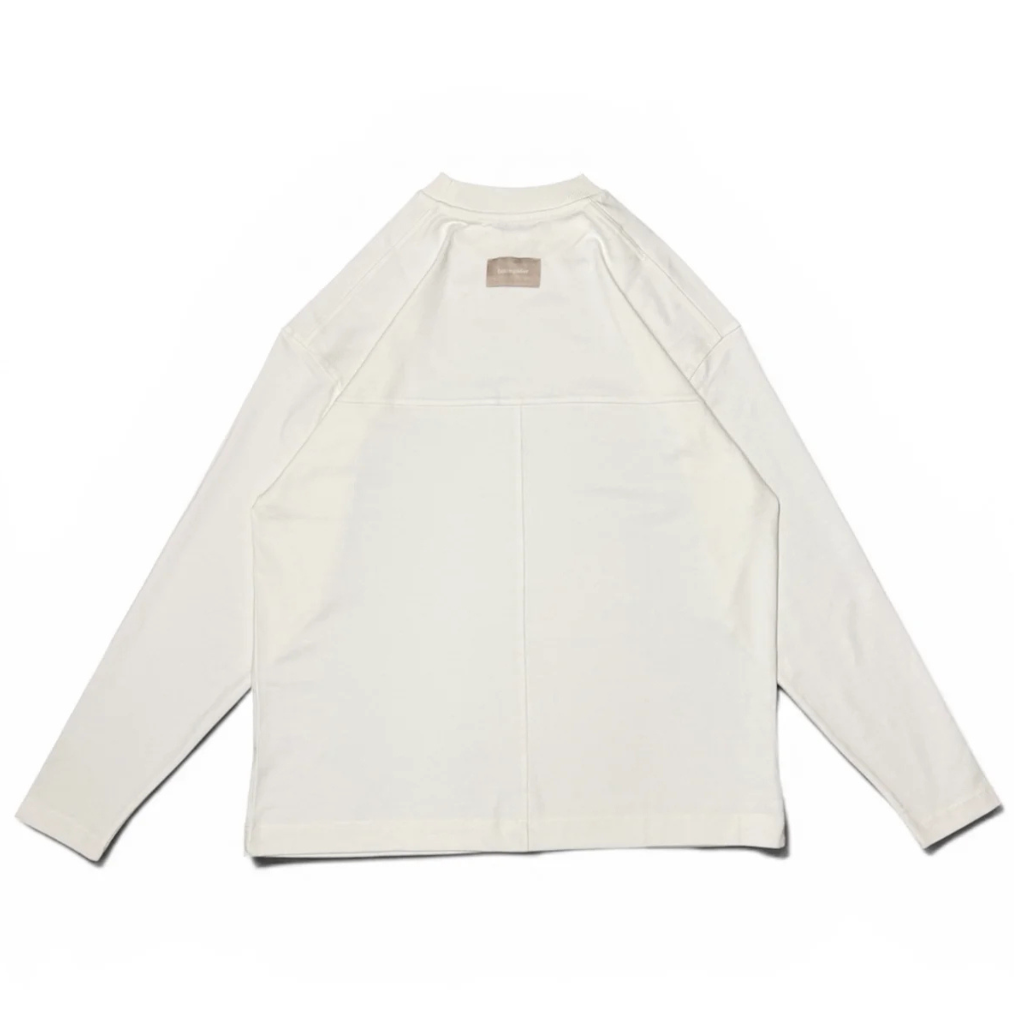 Baire Atelier white blank long sleeve tee with custom back paneling and branded label