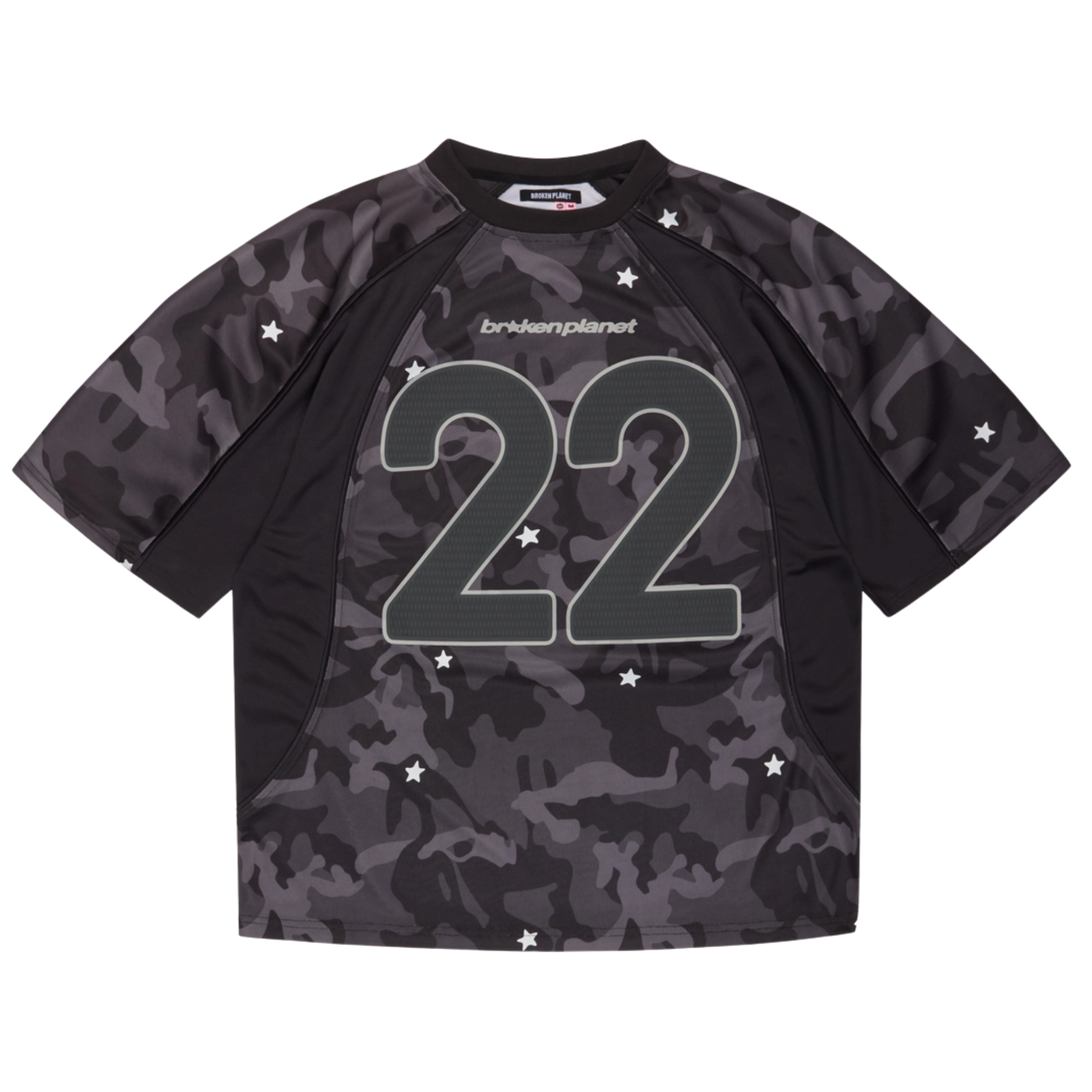 Broken Planet star camo reflective football jersey in black star camo design
