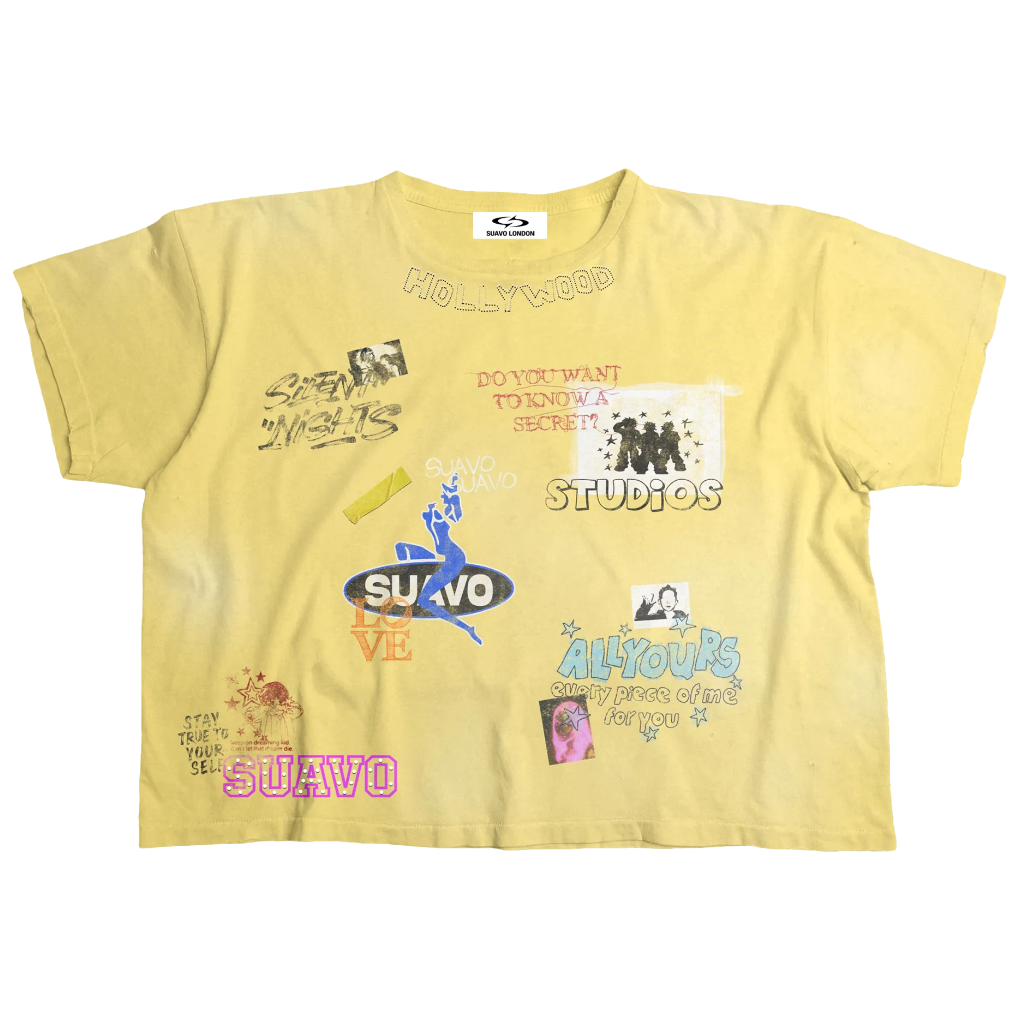Suavo World Nevada Nights T-Shirt in vintage yellow with distressed edges and Silent Nights sketch graphics