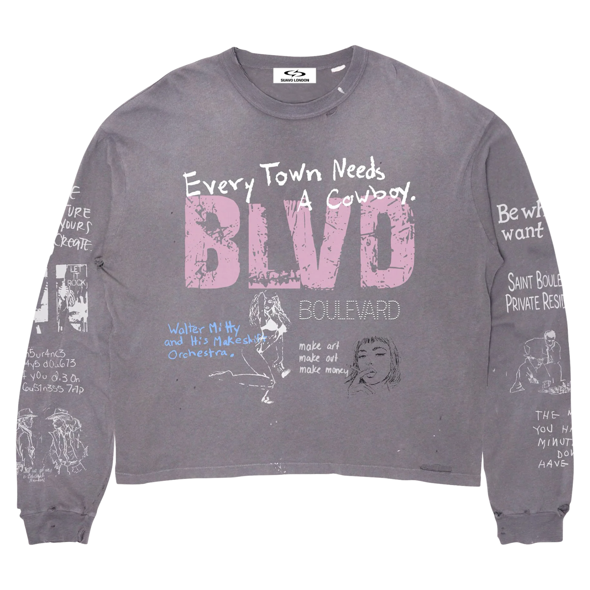 Suavo World Boulevard charcoal long sleeve with vintage wash and detailed artwork