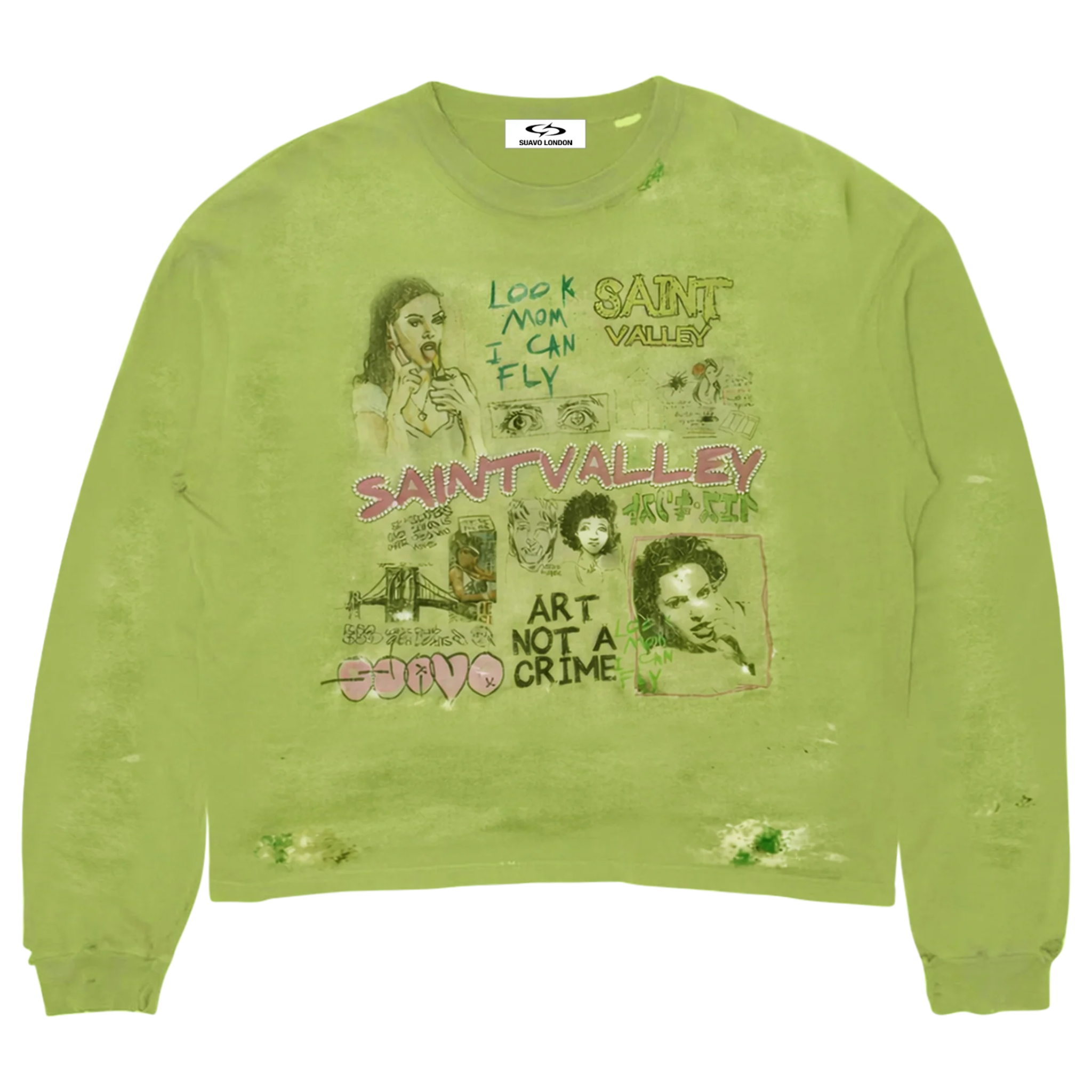 Green Suavo World Mom long sleeve shirt with faded lime wash and vintage distressed detailing
