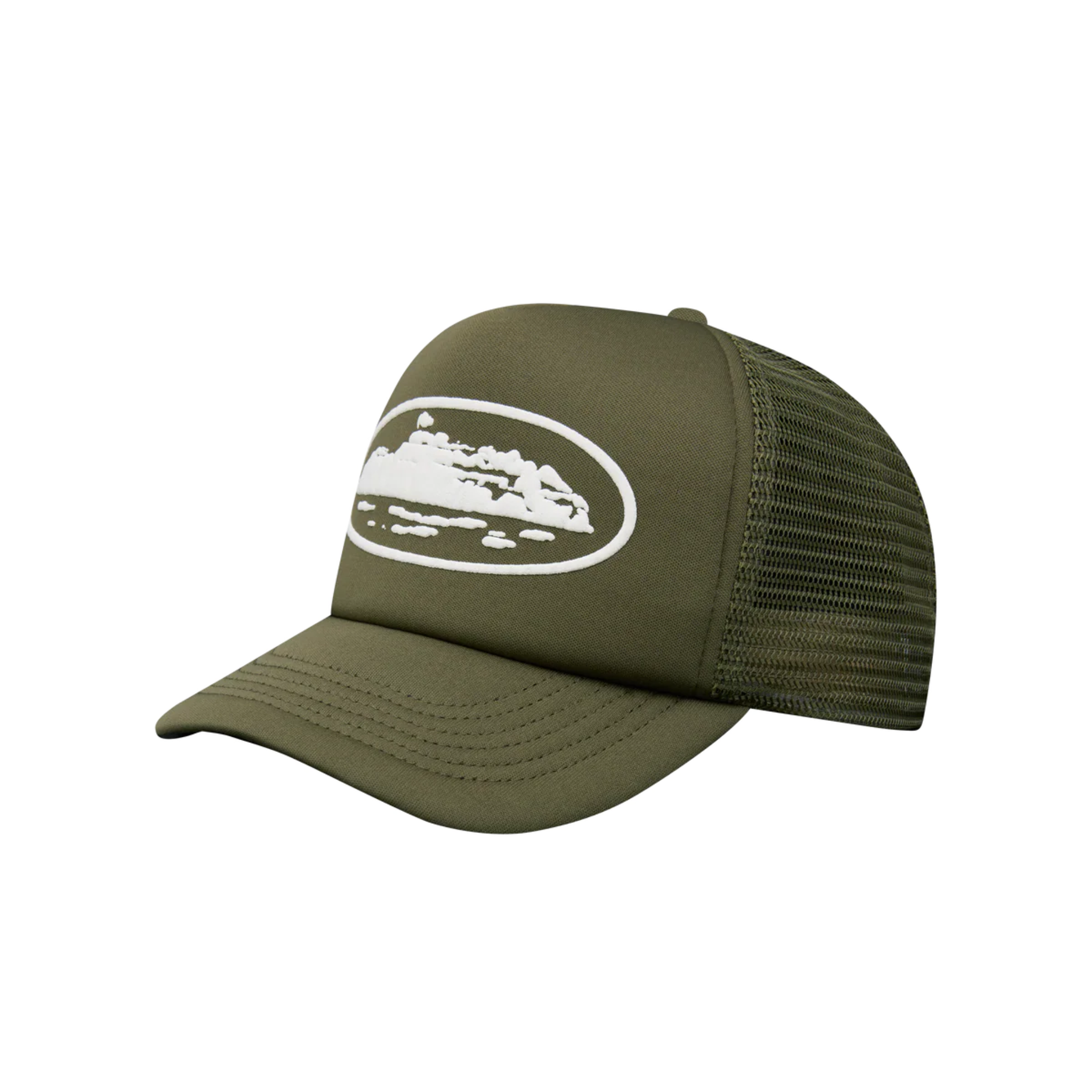 Corteiz Alcatraz Olive Trucker Hat front view
