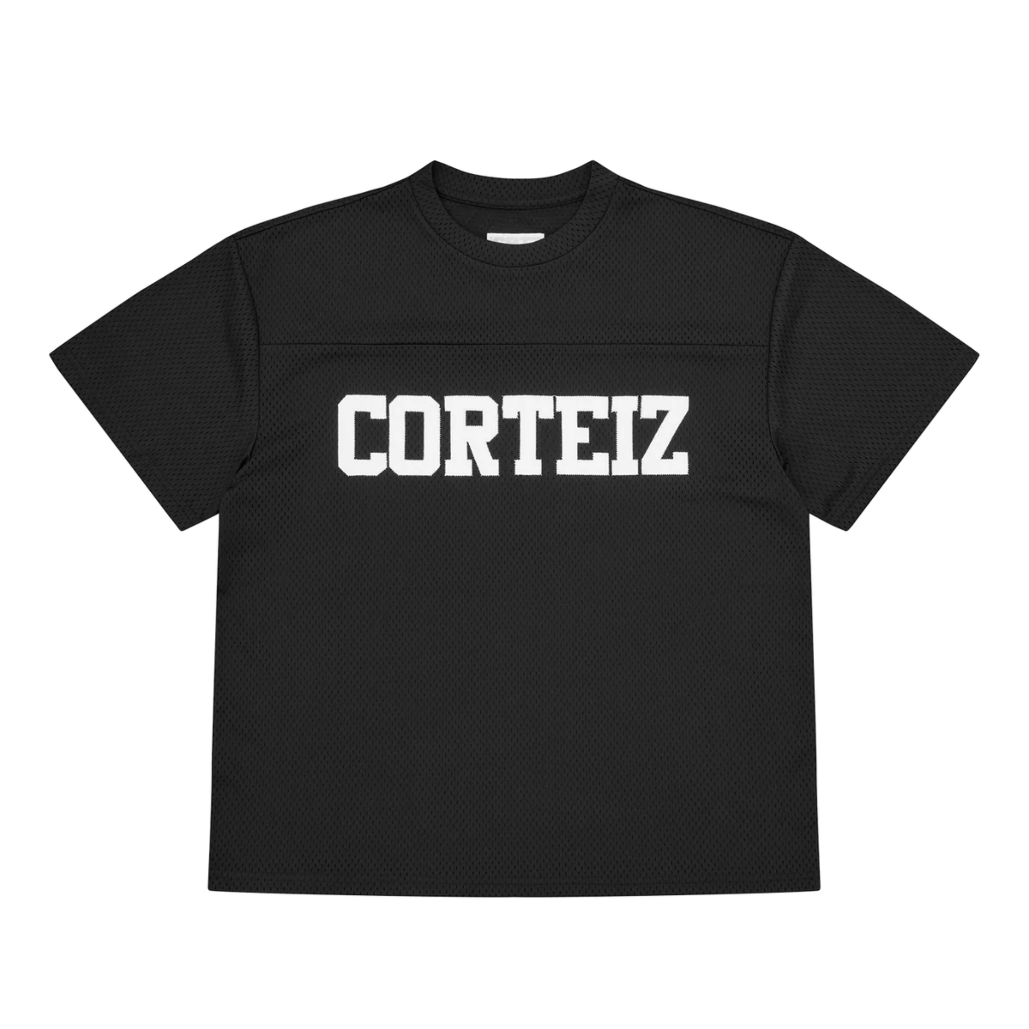 Corteiz Stash Mesh Jersey in black showing front design and texture