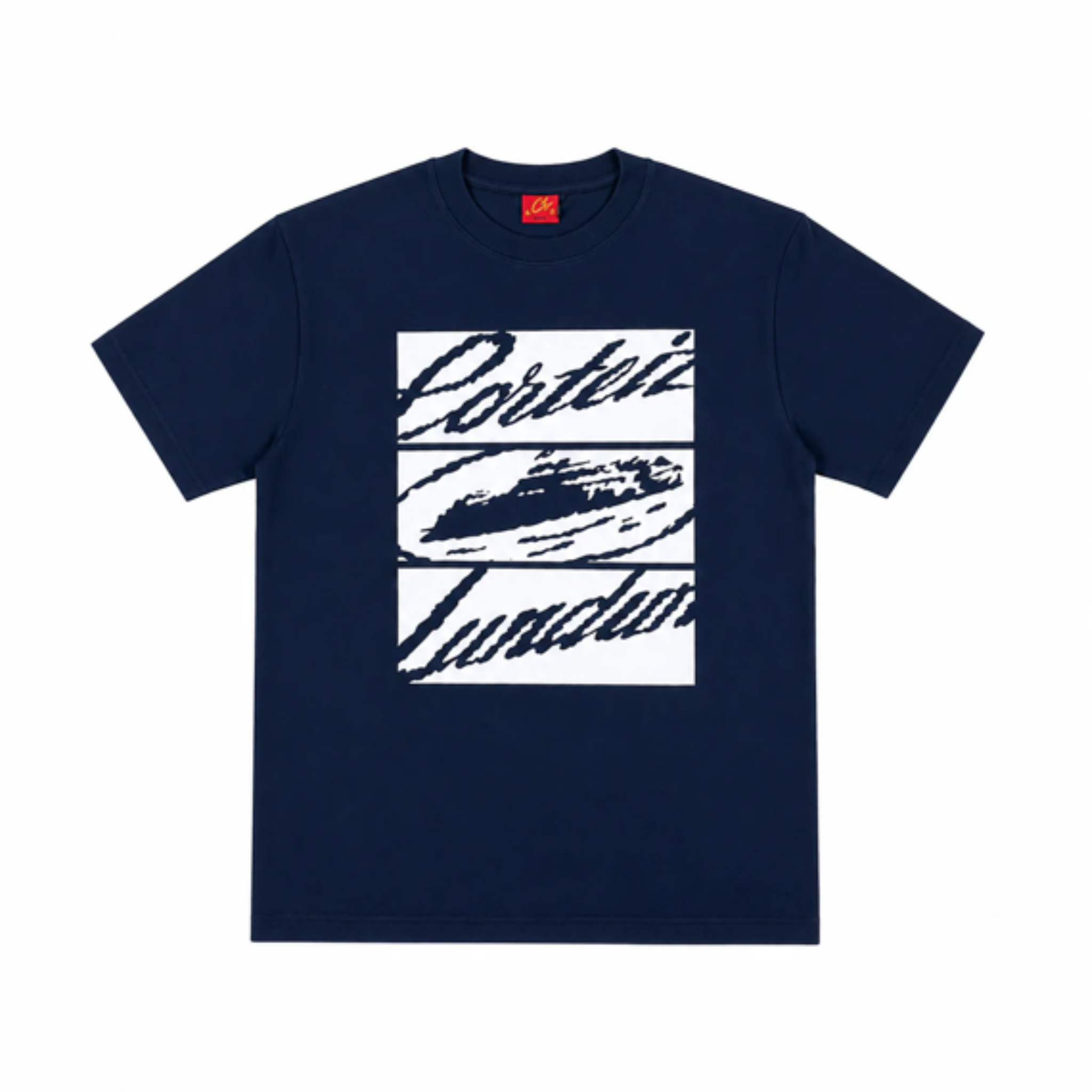Corteiz Lundun Navy Tee front view on white background