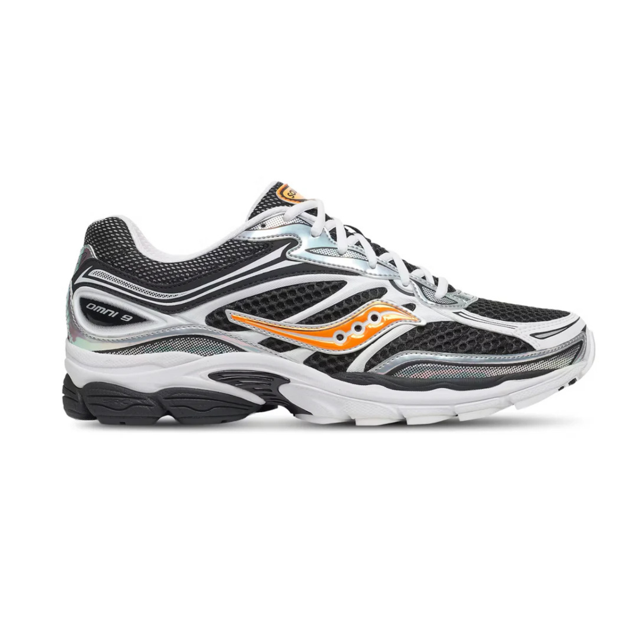 Saucony Omni 9 running shoe in white, black, and orange with ProGrid technology