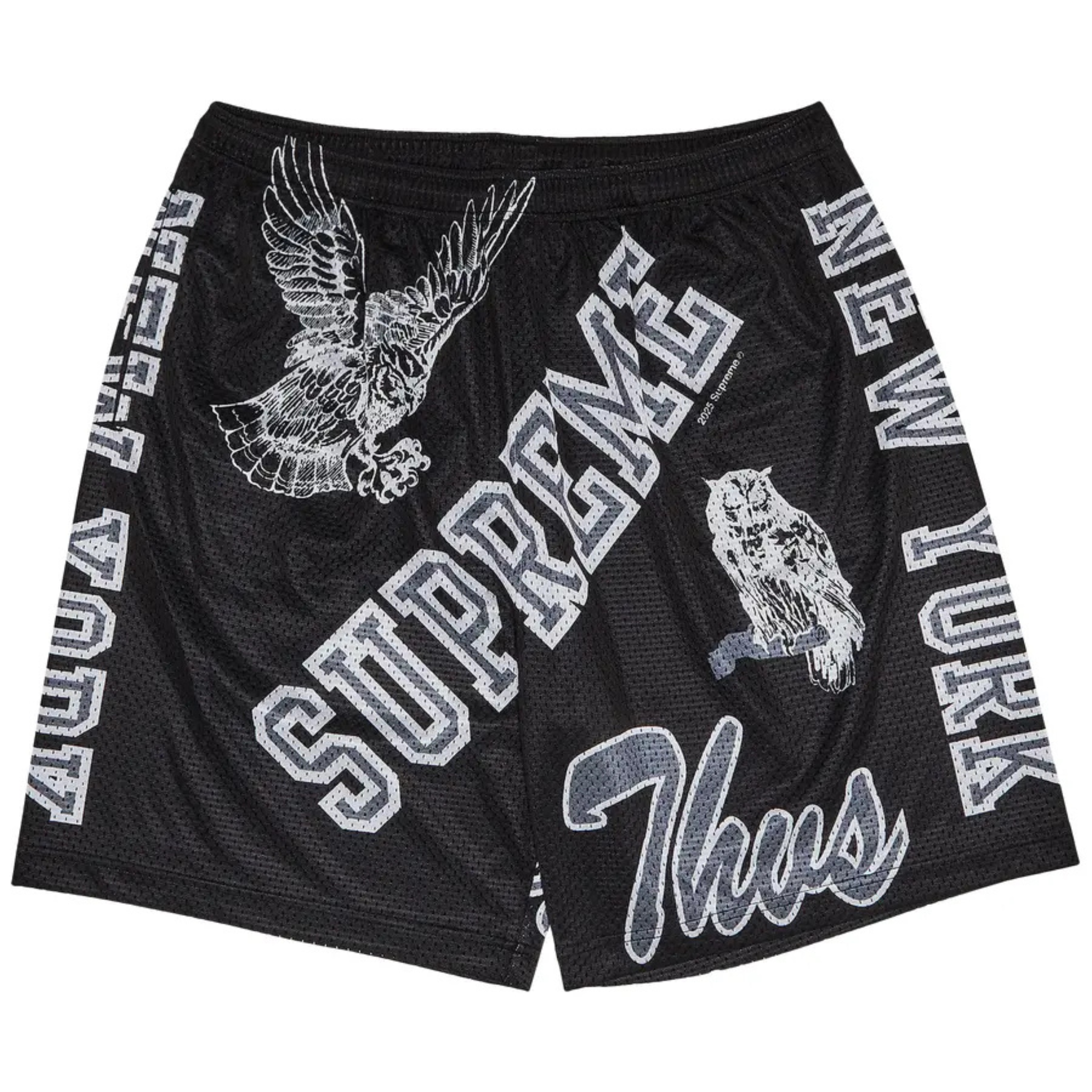 Supreme Varsity Mesh Short Black with graphic design and text.