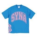 Blue Syna World College Tee with bold lettering design.