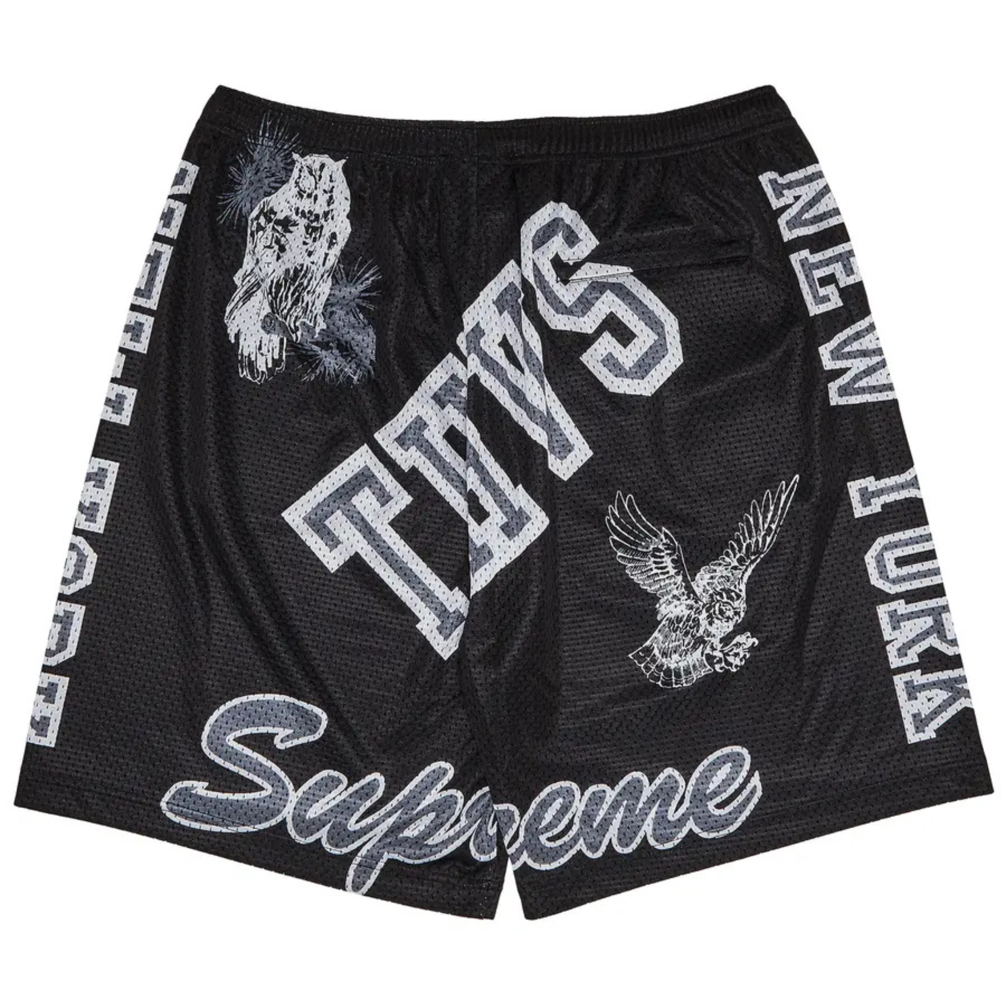 Supreme Varsity Mesh Short Black with graphic prints and lettering.