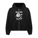 Suavo World Smiley Hoodie Black with front print design.