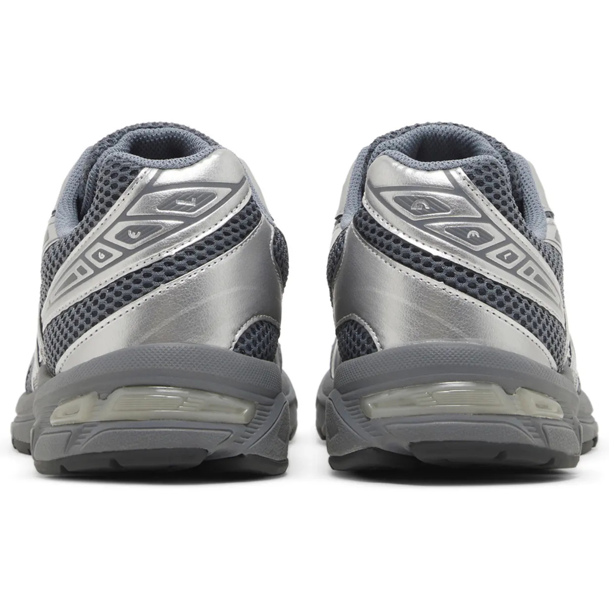 ASICS Gel 1130 sneakers in steel grey and pure silver, rear view.