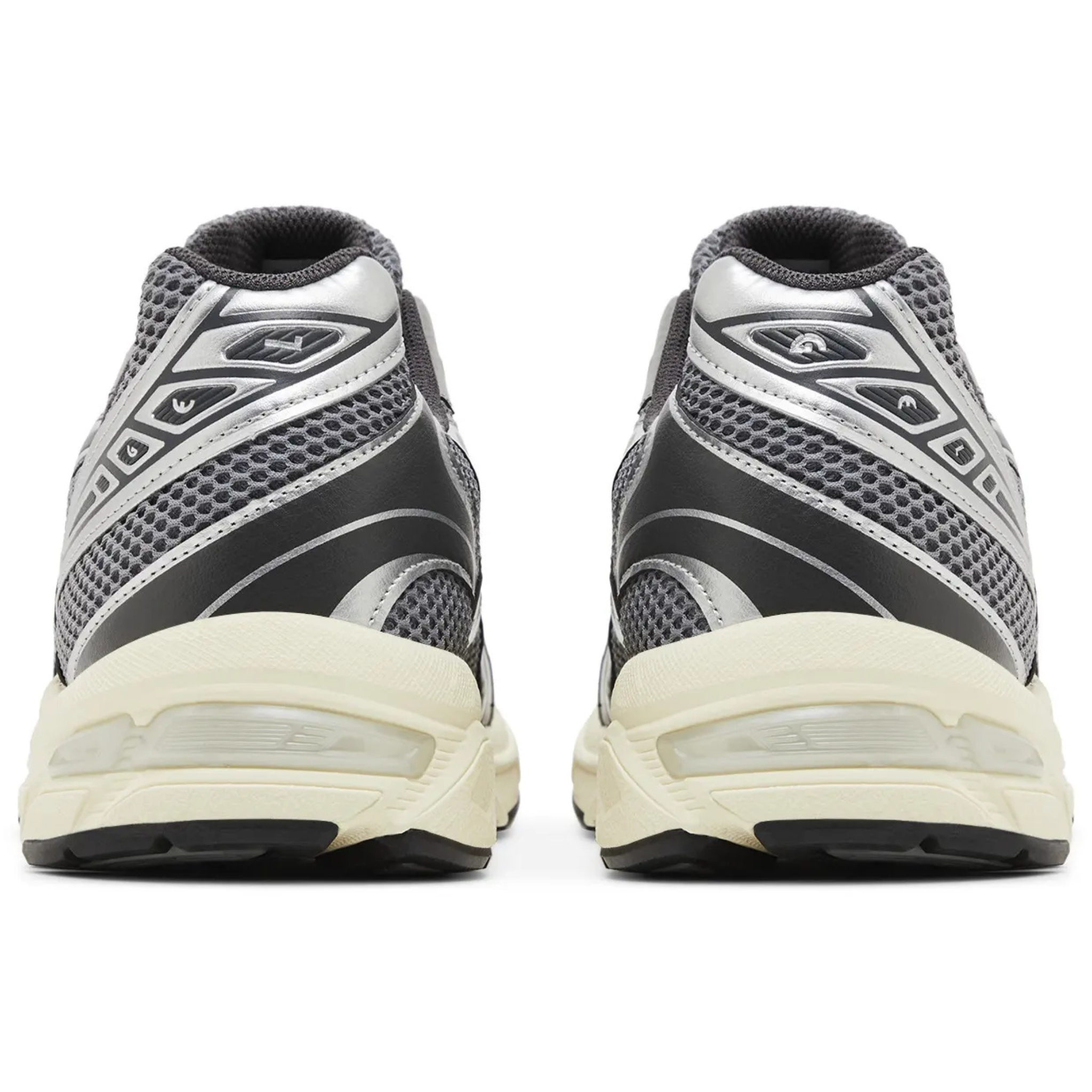 Gel 1130 sneakers in clay grey and pure silver, rear view.