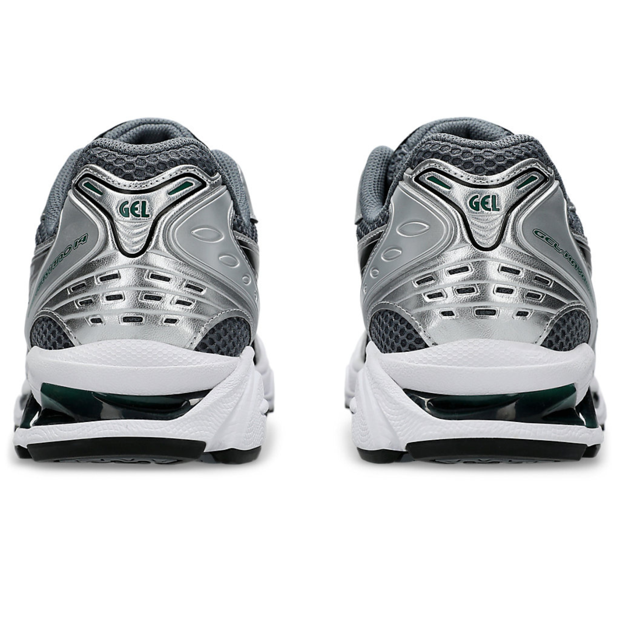 ASICS Gel Kayano 14 in Metropolis Jasper Green, rear view.