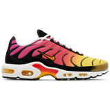 Air Max Plus OG sneaker in gold, raspberry red, and black.