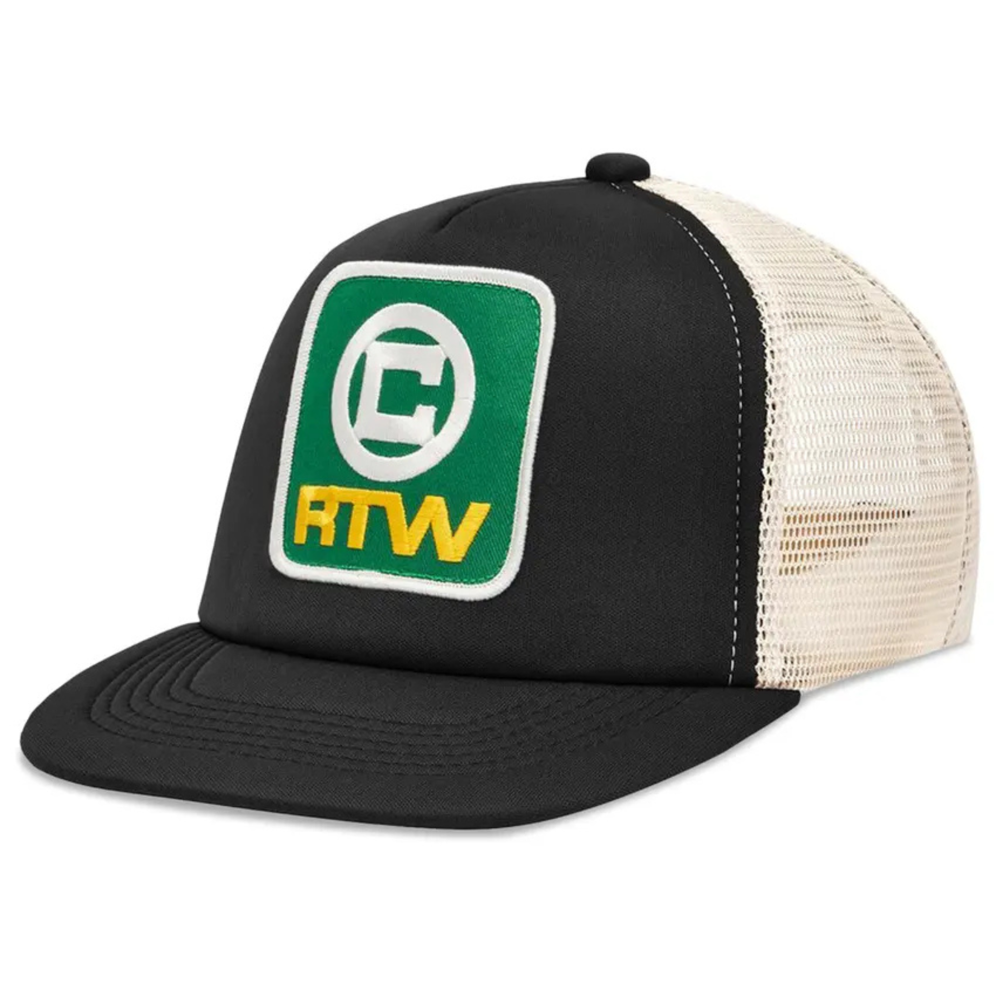 Corteiz Box Trucker Hat Black with logo patch and mesh back.