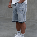 Siarr Carpenter Shorts Blue with straight fit and distressed hem