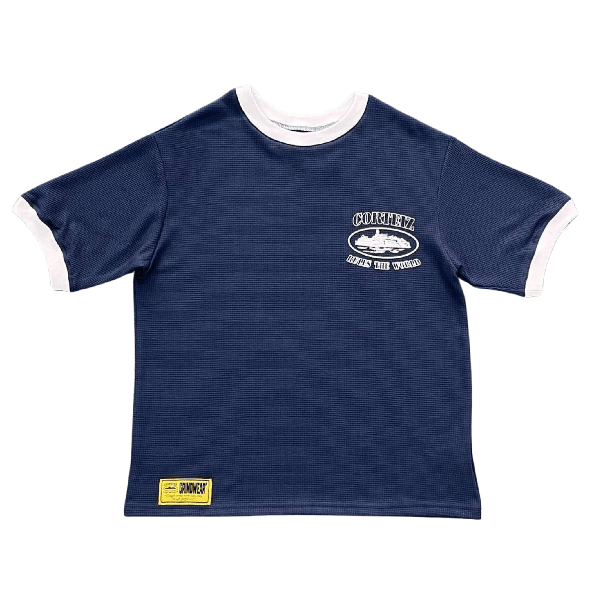 Corteiz Camiseta Navy Waffle Tee with white trim detailing.