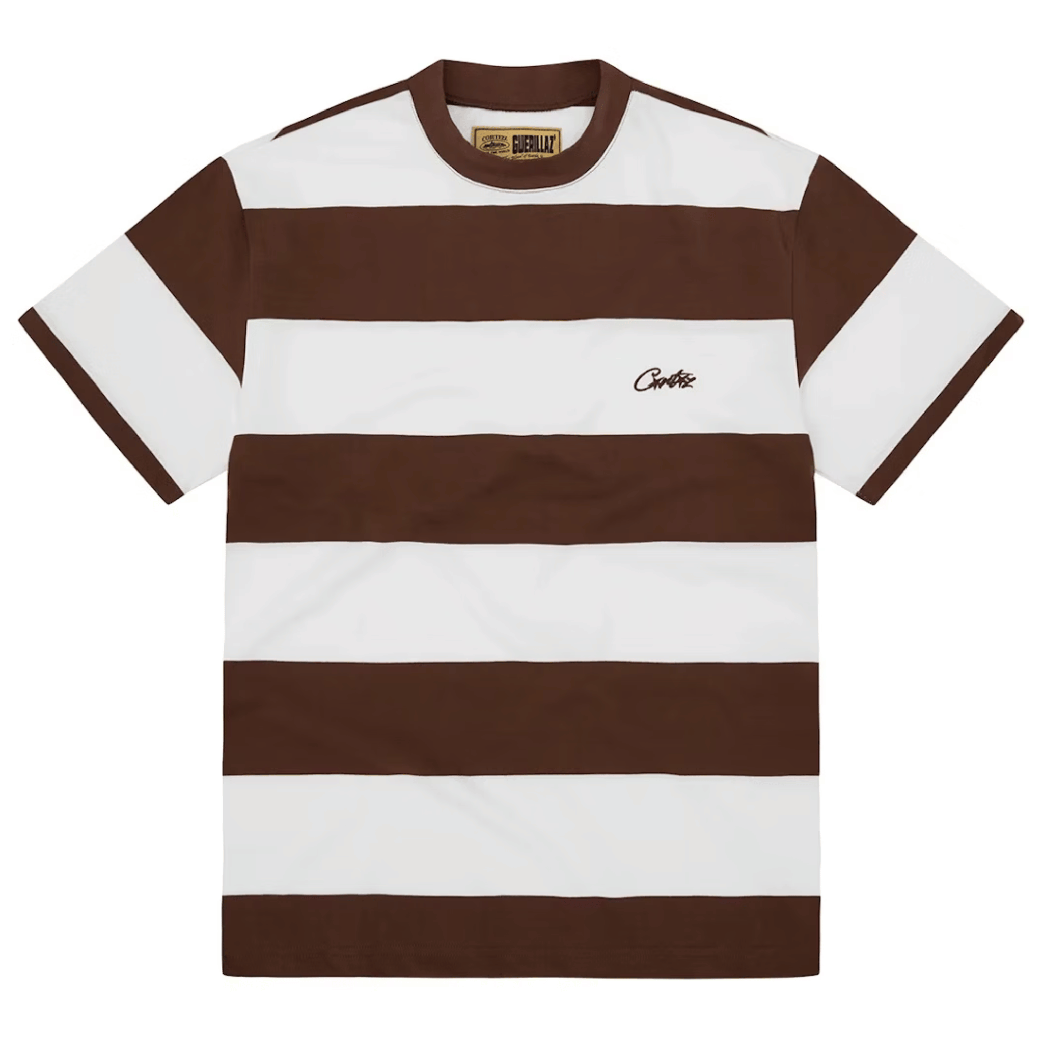 Corteiz Striped Brown T-Shirt with bold white stripes.