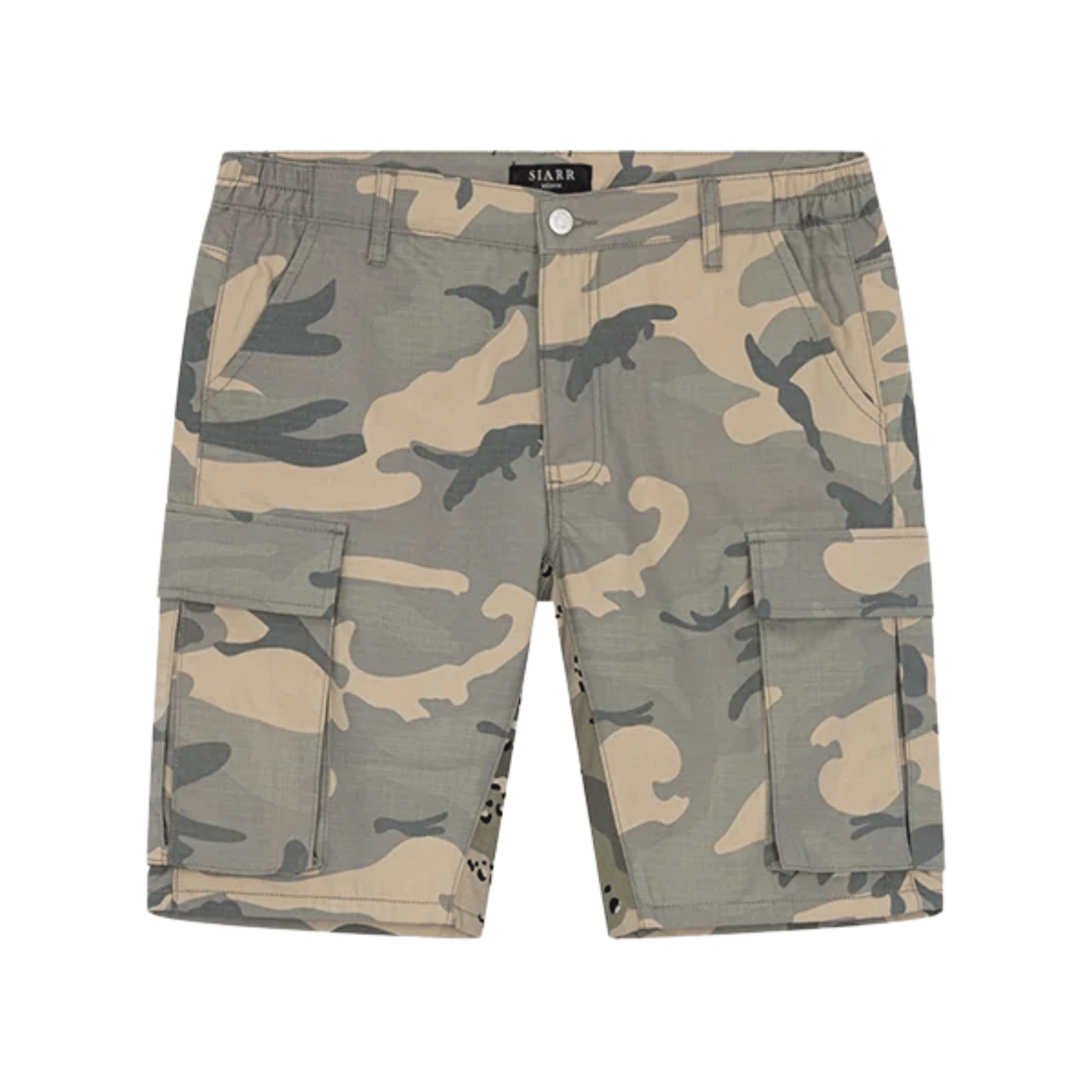 Siarr Camo Shorts Sage with cargo pockets and belt loops.