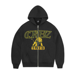 Corteiz Island Lion Varsity Zip Hoodie Black with yellow print.