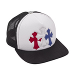 Chrome Hearts trucker hat with red, white, and blue crosses on front and black mesh back