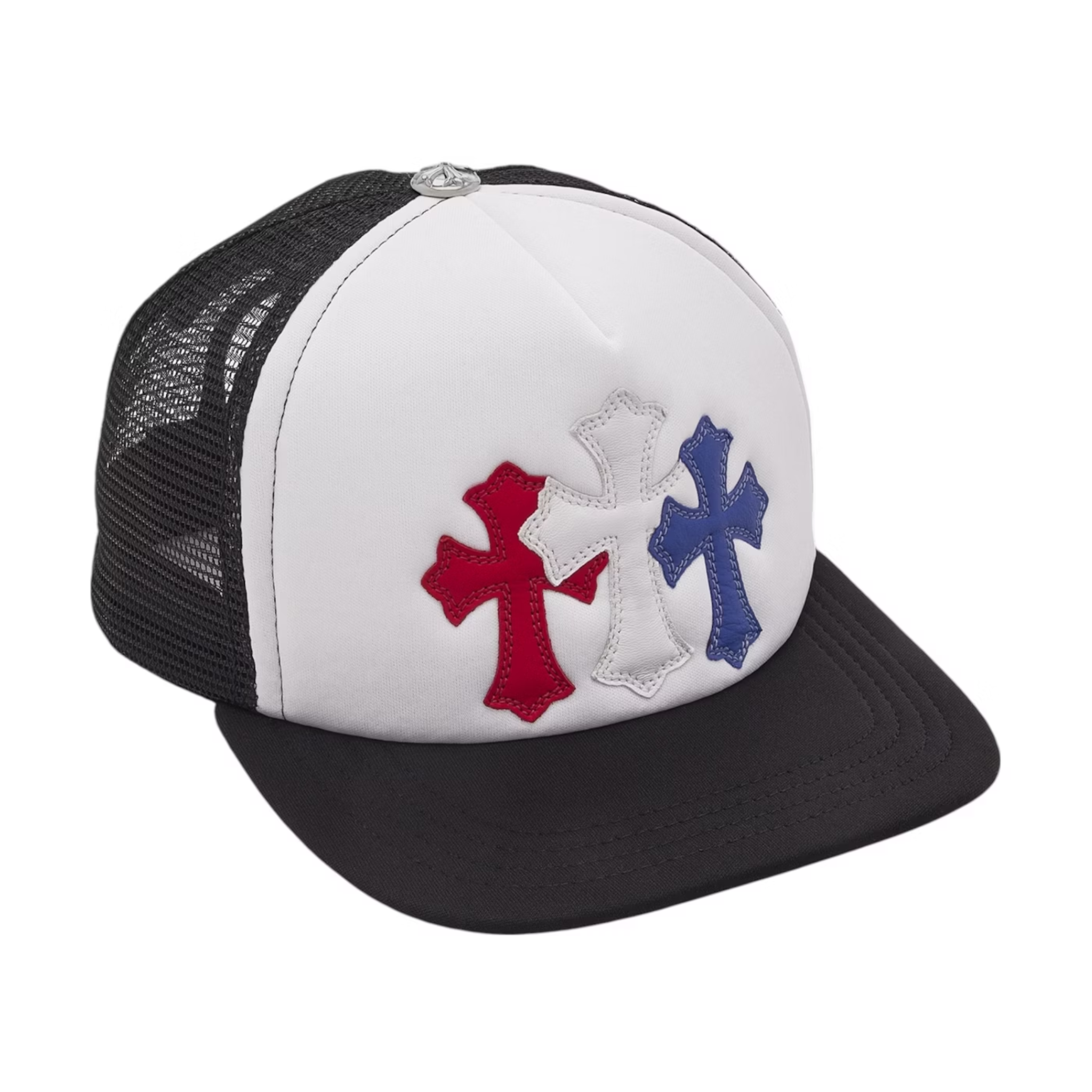 Chrome Hearts trucker hat with red, white, and blue crosses on front and black mesh back