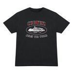 Black Corteiz 5 Starz Alcatraz graphic tee with white and red design and "Rules the World" text