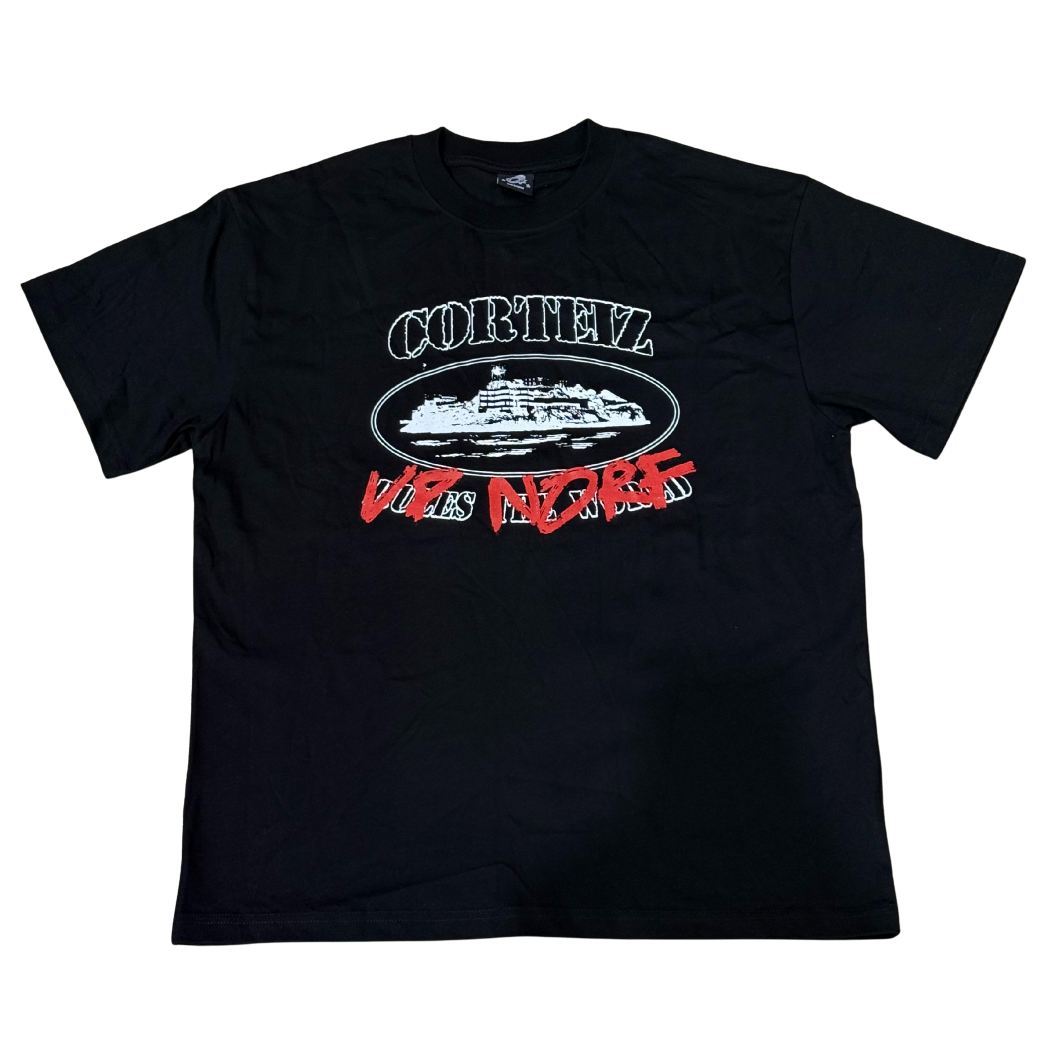 Black Corteiz Up Norf Manny Maze exclusive graphic tee with white and red print