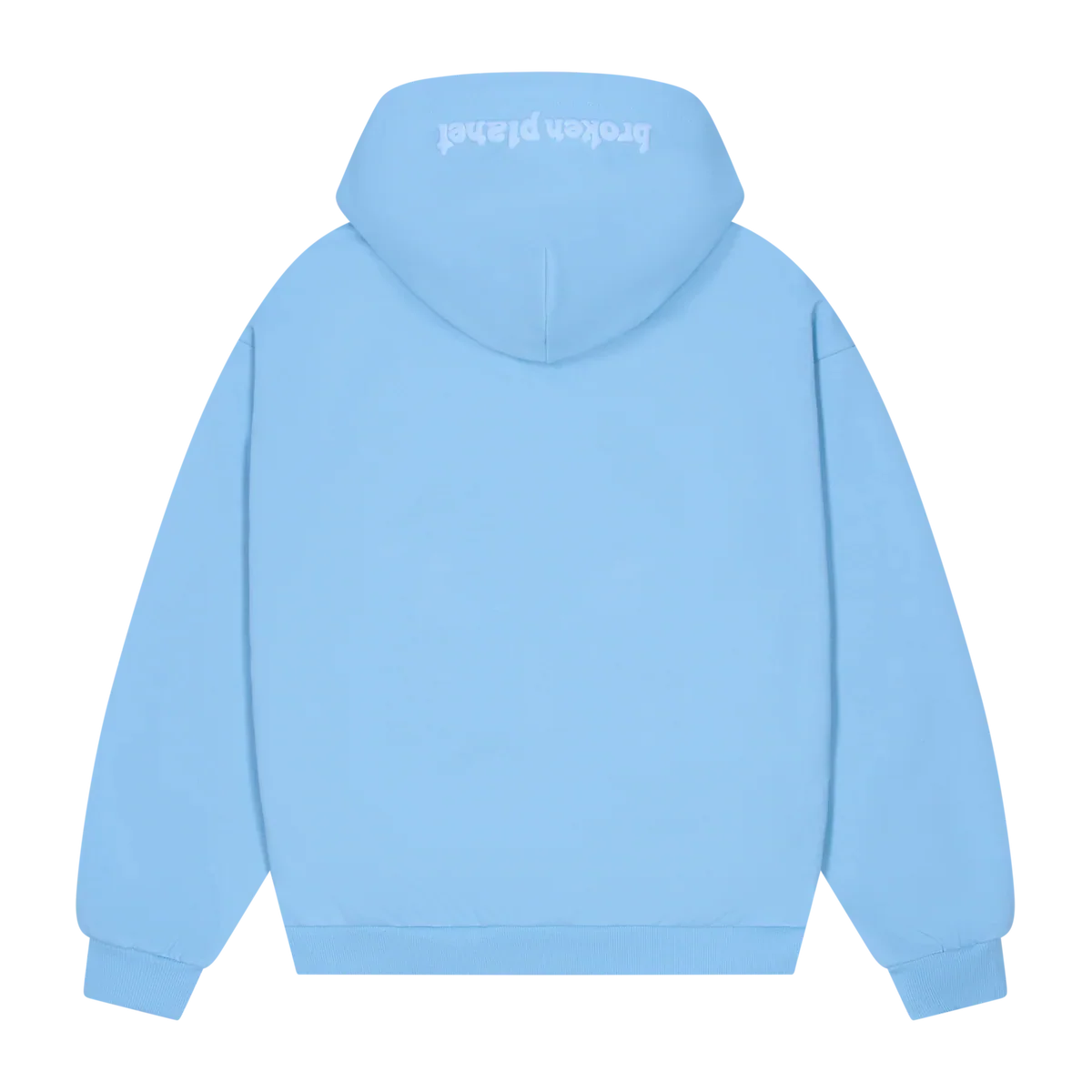 Sky blue Broken Planet zip-up hoodie with hood and long sleeves shown from the back