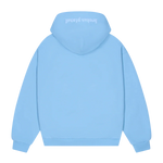 Sky blue Broken Planet zip-up hoodie with hood and long sleeves shown from the back