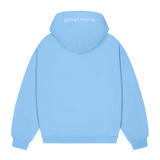 Sky blue Broken Planet zip-up hoodie with hood and long sleeves shown from the back