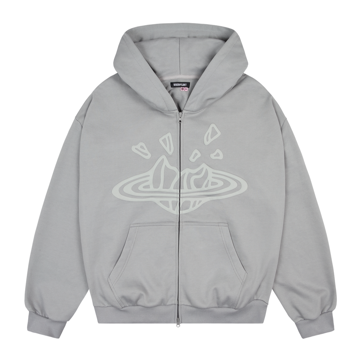 Broken Planet gun metal grey zip-up hoodie with minimalist logo and front pockets