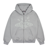 Broken Planet gun metal grey zip-up hoodie with minimalist logo and front pockets