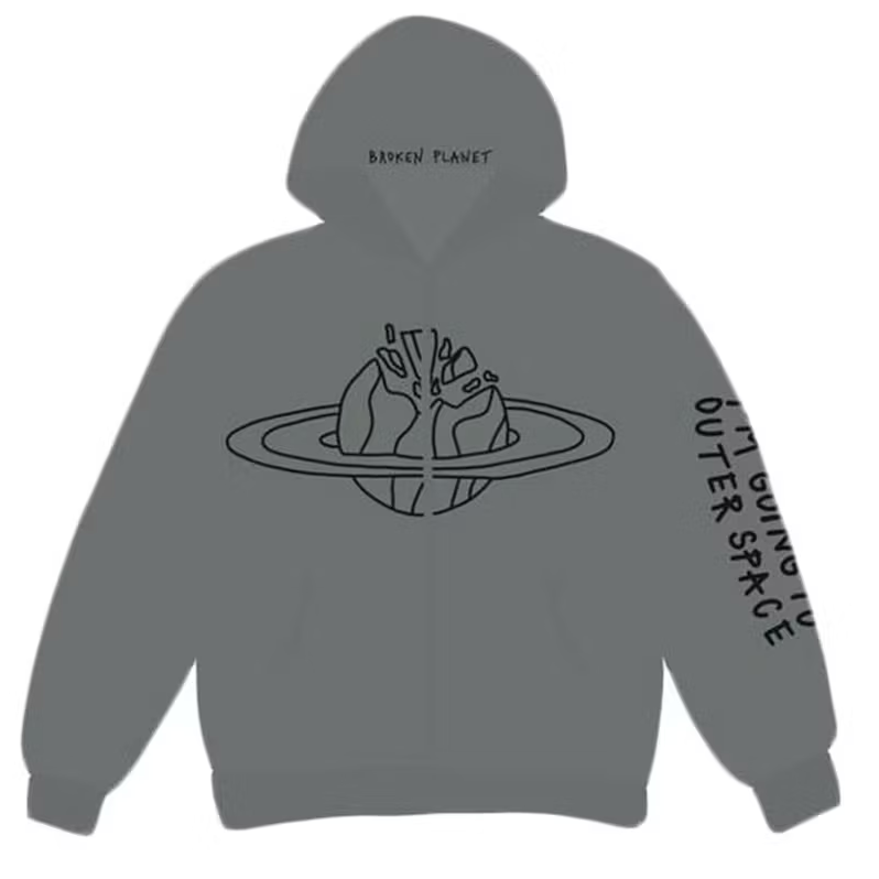 Broken Planet dark grey zip-up hoodie with outer space graphic.