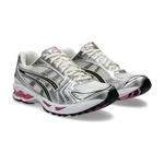 Silver and pink Gel Kayano 14 running shoes with cream laces and cushioned soles