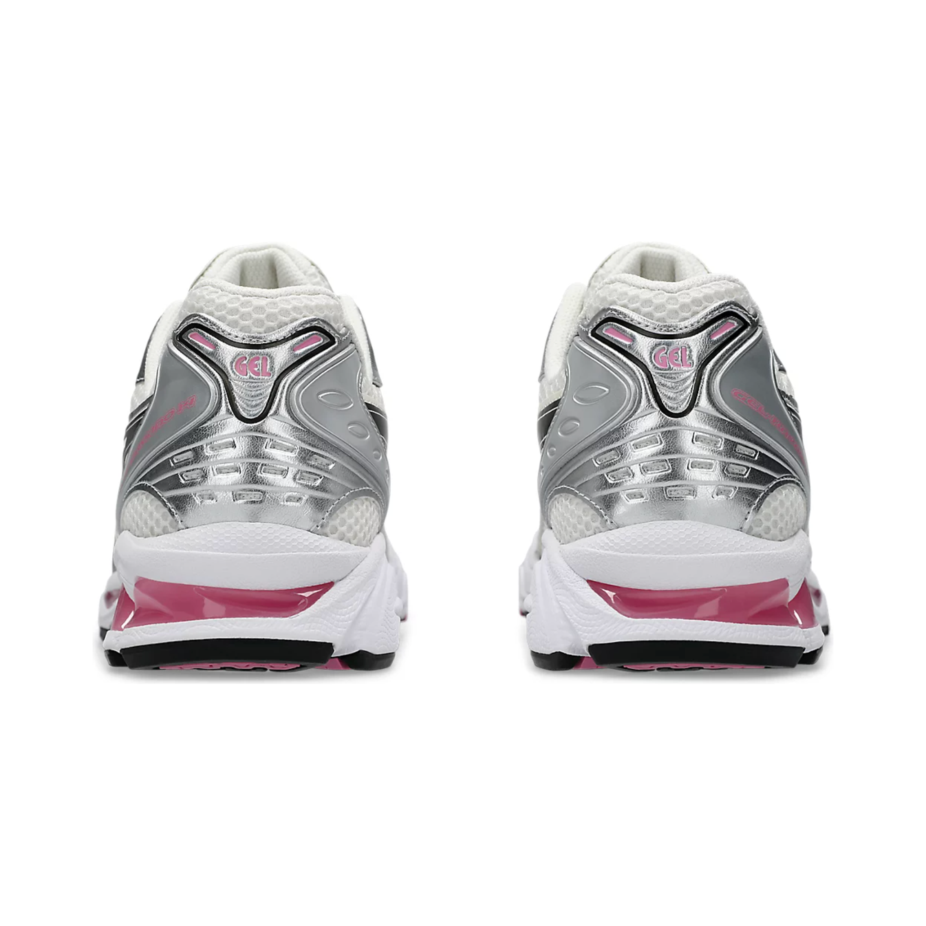 Rear view of Gel Kayano 14 sneakers in cream and sweet pink color