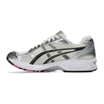 Gel Kayano 14 running shoe in cream and sweet pink with silver and black accents