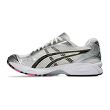 Gel Kayano 14 running shoe in cream and sweet pink with silver and black accents