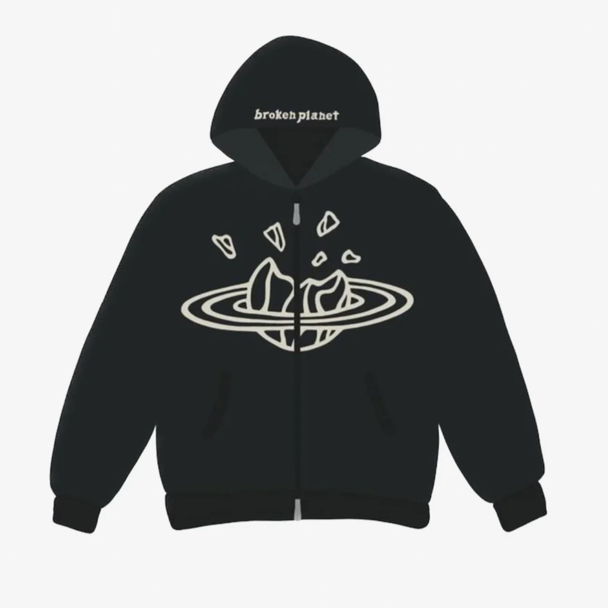 Broken Planet Soot Black White Zip-Up Hoodie featuring broken planet graphic.