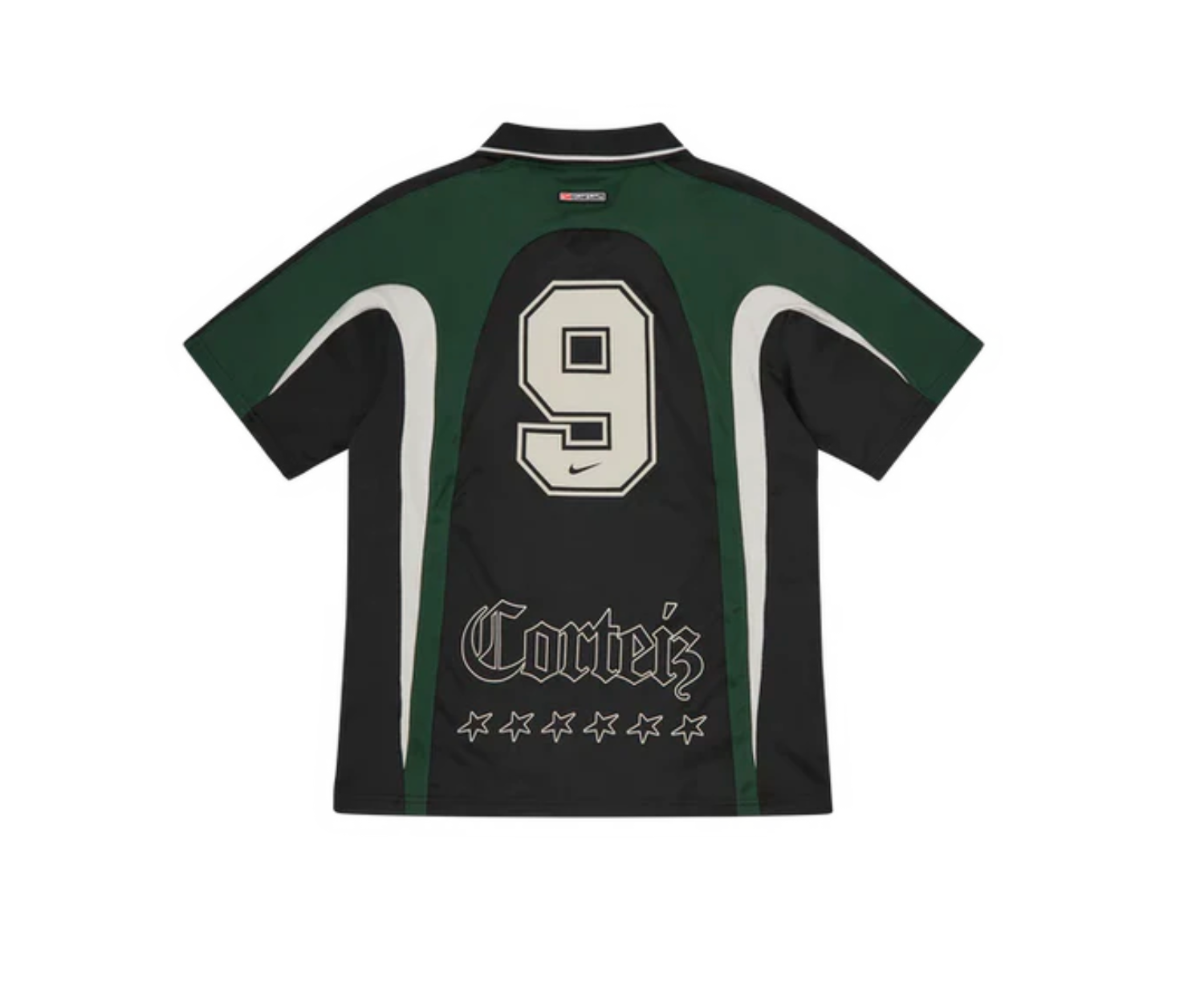 Nike x Corteiz NRG Jersey in black and forest green with number 9 and logo.