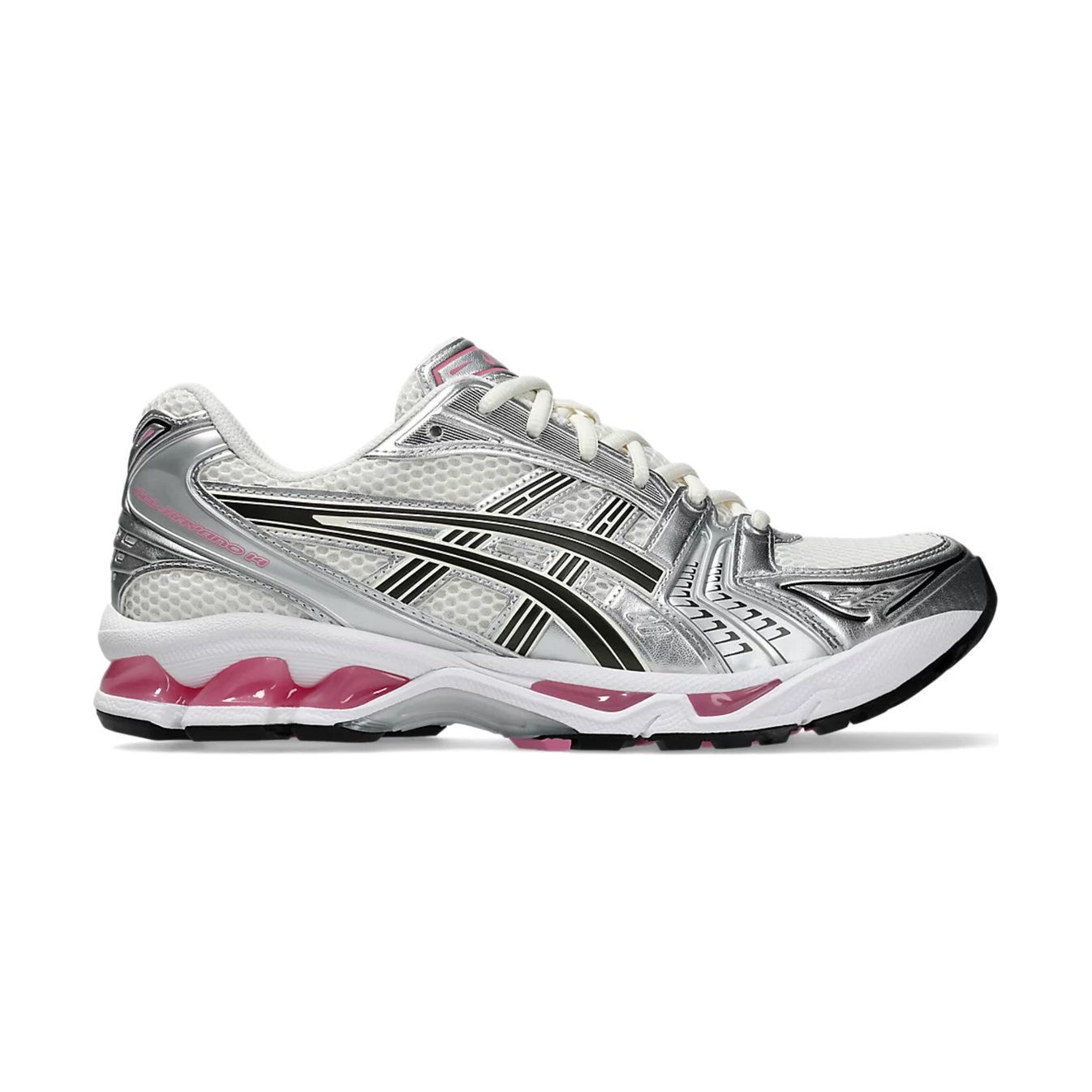 Gel Kayano 14 running shoe in cream, silver, and sweet pink color accents