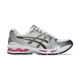 Gel Kayano 14 running shoe in cream, silver, and sweet pink color accents