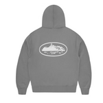 Corteiz Island Puff Print Zip Hoodie in gray showing island graphic on back.