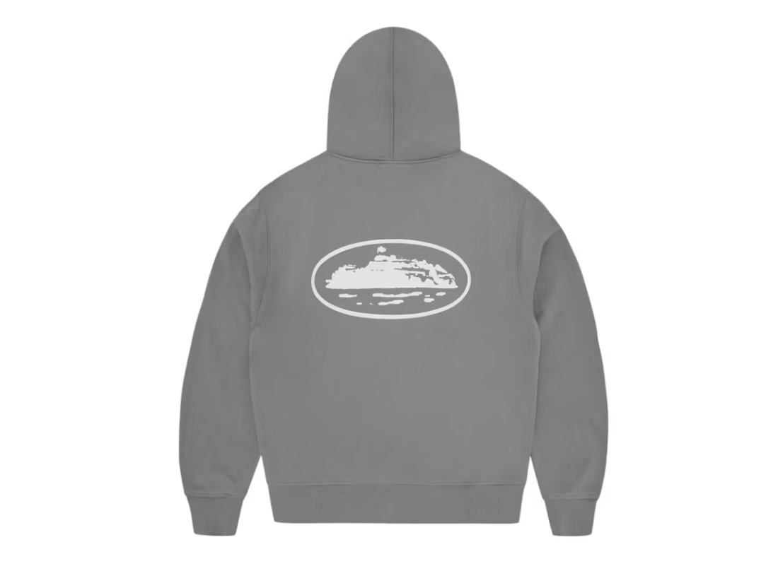 Corteiz Island Puff Print Zip Hoodie in gray showing island graphic on back.