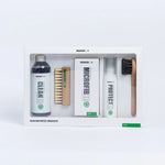 SneakersER Clean & Protect 5 piece sneaker care kit with cleaner, brushes, microfiber cloth, and protector spray in white packaging